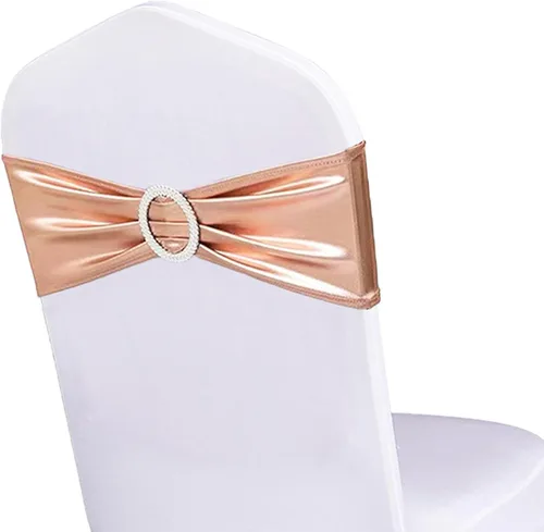 Miniatura 8 de Paquete de 50 bandas elásticas para sillas de bebé azul para boda, bandas elásticas de licra con hebilla deslizante, arcos de sillas de spandex