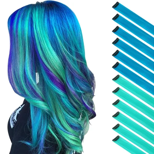 Miniatura 18 de FESHFEN Extensiones de cabello con clip de colores, 16 piezas de 8 colores resaltados, piezas de cabello sintético lacio con clip para mujer, 22