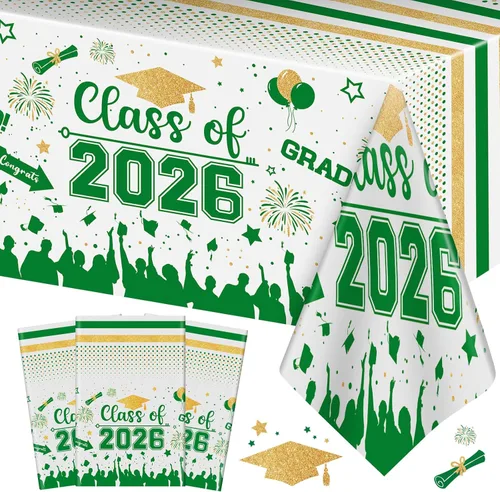 Mantel de decoración de graduación para clase de 2026 – 3 piezas de plástico de felicitaciones graduadas, cubierta de mesa de graduación para Verde