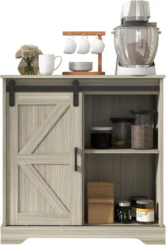 Miniatura 8 de Panana - Armario de almacenamiento para aparador con puerta corrediza de granero, gabinete de barra de café, estilo granja para cocina (roble)
