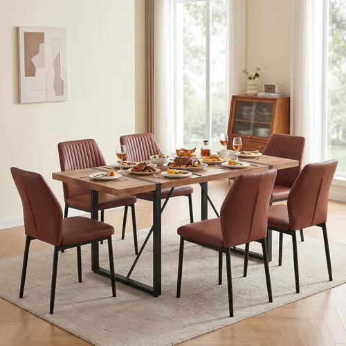 Miniatura 36 de Juego de 4 sillas de comedor de piel sintética marrón, cómodas sillas de cocina tapizadas sin brazos con patas de metal negro para sala de estar