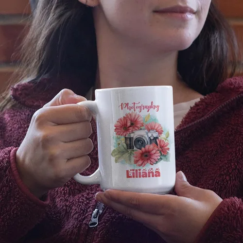 Miniatura 6 de Taza de café personalizada para fotógrafo, cámara con flores de gerbera, taza de té personalizada con nombre, regalo para amantes de la fotografía