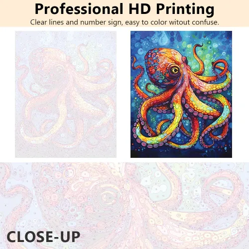 Miniatura 3 de TISHIRON Pintura de bricolaje por números, pulpo colorido, pintura por números para adultos, pintura abstracta para adultos por números, arte