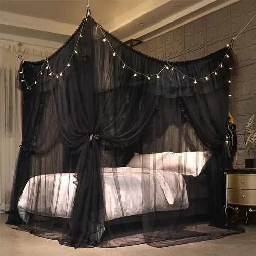 Miniatura 6 de VETHIN Cortina de Dosel de Cama de Princesa con Volantes de 4 Postes de Esquina - Red de Tul de Doble Capa Acogedora con 4 Aberturas, Mosquitera