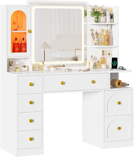 Miniatura 9 de Hasuit - Escritorio de tocador blanco con espejo y luces LED, escritorio grande de tocador de maquillaje con 7 cajones, estantes de almacenamiento