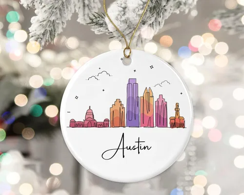 Adorno de la ciudad de Austin, adorno de Navidad de la ciudad de Austin, adorno de Navidad de puntos de referencia, gráfico colorido del horizonte
