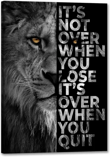 Lienzo impreso de cabeza de león, arte de pared inspirador, póster de animales en blanco y negro, imagen motivacional con cita motivacional para