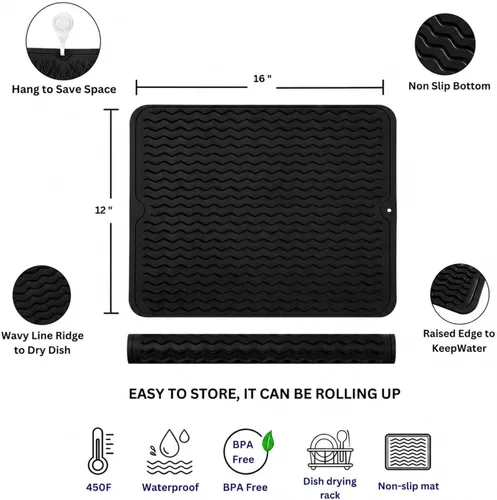Miniatura 2 de Tapete de secado de silicona de 16 x 12 pulgadas, tapete antideslizante negro para fregadero para encimera de cocina, almohadilla de platos