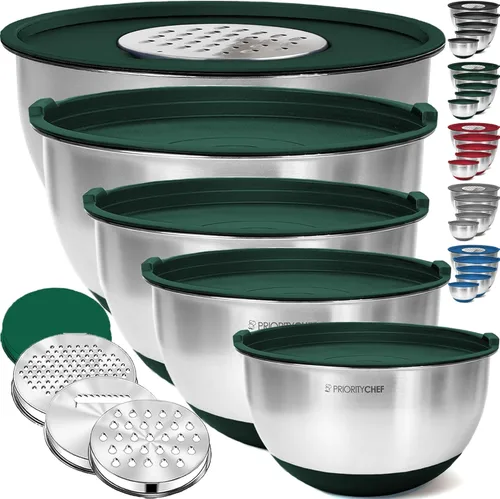 Miniatura 13 de Priority Chef Juego de tazones para mezclar de acero inoxidable con tapas, 3 accesorios para rallar, tapas herméticas, base de silicona