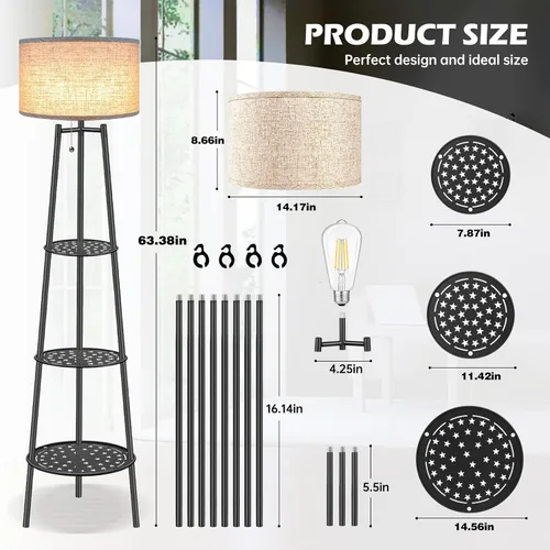Miniatura 8 de ZQQLITE 2 lámparas de pie negras con estantes para sala de estar, lámpara de pie, lámpara alta, Amparas elegantes para sala con pantalla de lino