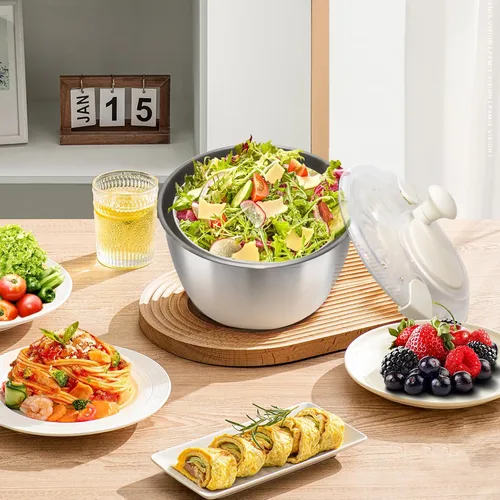 Miniatura 6 de Escurridor de ensalada de acero inoxidable, secadora manual de lechuga con tapa, lavabo, marco de drenaje y base antideslizante, centrifugador