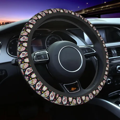 Miniatura 6 de Funda para volante para mujeres y hombres, Día de los Muertos, calavera de azúcar, Halloween, colorido, protector de volante de neopreno, ajuste
