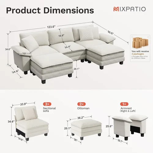 Miniatura 2 de MIXPATIO - Sofá seccional en forma de U de 123 pulgadas con cojines tipo nube, juego de sofá modular de asiento profundo con 5 asientos y 2 Beige