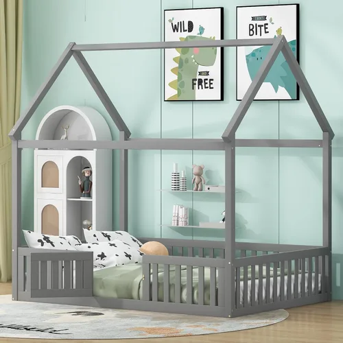 Miniatura 8 de Merax Cama de madera de tamaño individual con valla y puerta, marco de cama de madera con techo para adolescentes, niños o niñas, gris