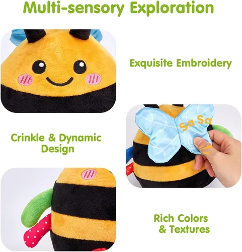 Miniatura 4 de hahaland Juguete de abeja que rebota para el tiempo boca abajo para 6 a 12 meses, juguete musical de abeja de peluche bailarín, juguete de abeja