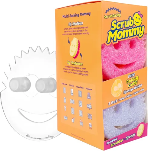 Scrub Daddy 6 esponjas de cocina Scrub Mommy y 1 soporte de esponja Daddy Caddy - Sin arañazos para platos y limpieza multiusos, sin BPA y fabricado