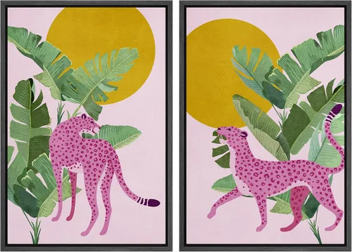 IDEA4WALL - Set de lienzos enmarcados para pared, diseño tropical, selva, hoja de plátano, guepardo rosa, gato, naturaleza, desierto, arte digital,