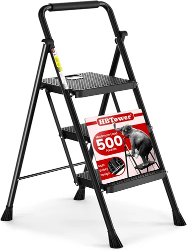 Miniatura 10 de HBTower Escalera de escalones. Taburete plegable con escalón ancho antideslizante, escalera de acero resistente, con un práctico pasamanos, ligera