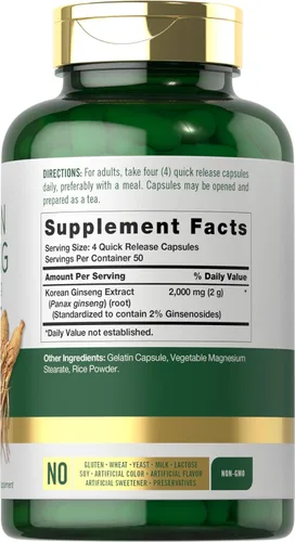 Miniatura 2 de Carlyle Cápsulas de ginseng coreano 2000 mg 200 unidades Suplemento de extracto de Panax estandarizado Fórmula sin OMG y sin gluten