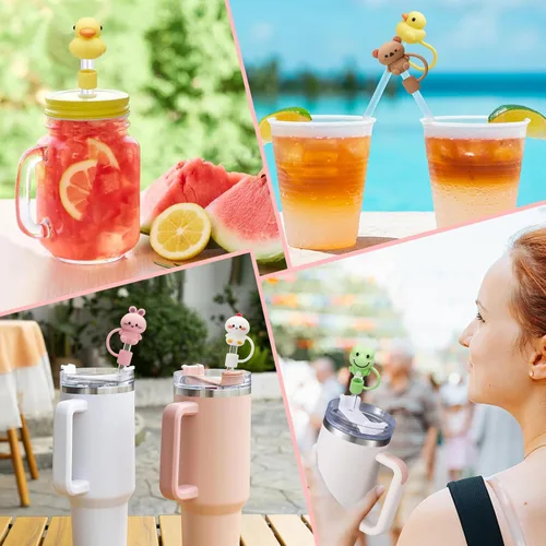 Miniatura 5 de 5 tapas de pajita para vaso Stanley, tapa de silicona con lindos animales para vaso Stanley de 30 y 40 oz con asa, puntas de pajita reutilizables a