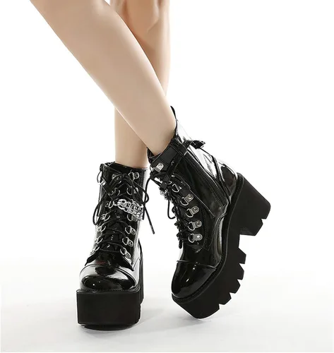 Miniatura 6 de rui yue Botas de plataforma para mujer, punta redonda, botas de tobillo gruesas, botas punk, con cordones y cremallera, botas de combate