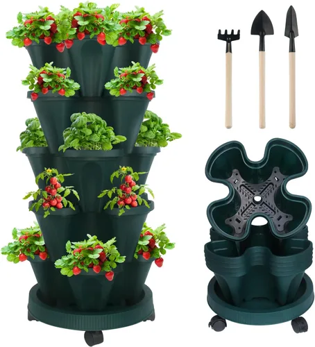 Macetas apilables de polipropileno DUNCHATY, de 5 niveles, verde pino, para interior/exterior, 29" de altura x 13.6" de diámetro 2-1 Paquete