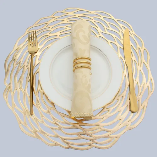 Evevde - Juego de 4 manteles individuales redondos dorados para mesa de comedor, manteles individuales de vinilo de plástico metálico,