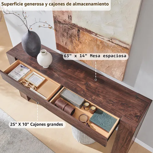 Miniatura 3 de OKD Moderna mesa consola de entrada, mesa de sofá con cajones, mesa de pasillo de 63 pulgadas de largo detrás del sofá, diseño de madera gruesa