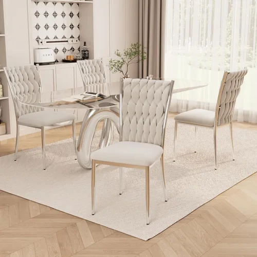 Miniatura 23 de Juego de 2 sillas de comedor de terciopelo, modernas sillas de cocina tejidas con patas de metal dorado, cojín tapizado con respaldo alto