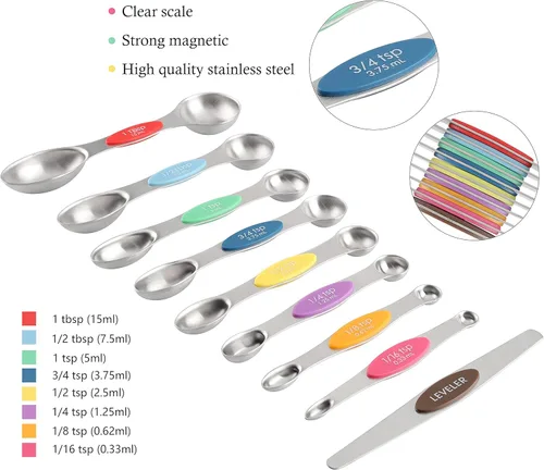 Miniatura 3 de Juego de tazas y cucharas medidoras de acero inoxidable, incluye 8 tazas medidoras apilables, 8 cucharas medidoras magnéticas de doble cara con 1