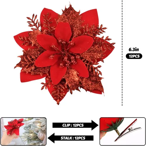 Miniatura 2 de Vanleonet 12 flores de Pascua artificiales con purpurina, decoraciones de flores de Navidad, adornos de árbol de nochebuena con purpurina