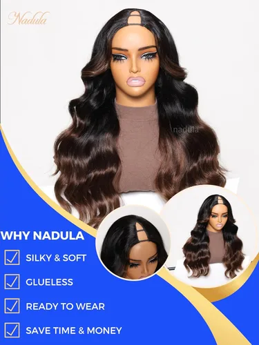 Miniatura 2 de Nadula - Peluca de onda corporal con raya en V, cabello humano sin mechas fuera, ombre de negro a marrón castaño, mejora de raya en U, peluca