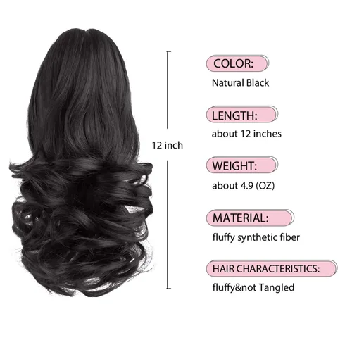 Miniatura 3 de Extensiones de cola de caballo de color negro, pinza de extensiones de cabello rizado para mujer, extensiones de cabello sintético de cola