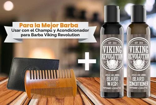 Miniatura 6 de BEST DEAL peine de madera para barba y estuche, acción dual, dientes finos y gruesos, perfecto para utilizar con bálsamos y aceites, peine