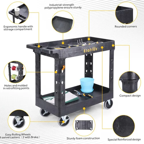 Miniatura 4 de ELAFROS Carrito utilitario de plástico resistente de 34 x 17 pulgadas - Carrito de trabajo con almacenamiento de tina con estantes profundos