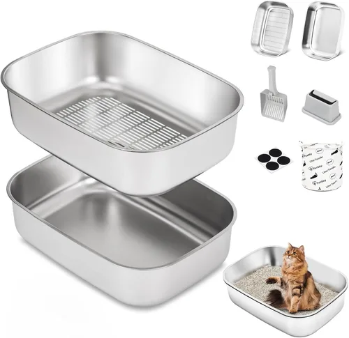 Caja de arena tamizadora de acero inoxidable con tapa, bandeja de arena de metal con pala para gatos grandes y múltiples gatos, caja de arena