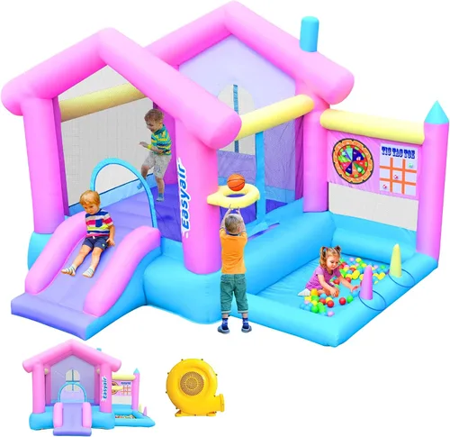 Casa inflable para saltar para niños de 3 a 10 años, castillo hinchable de 123" L x 110", para saltar, con tobogán, aro de baloncesto, fosos de