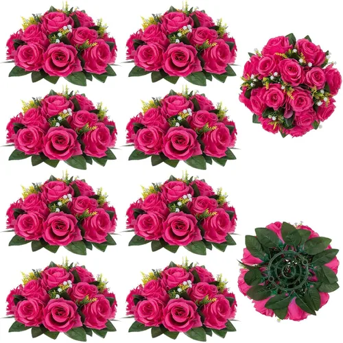 Miniatura 41 de BLOSMON Bolas de flores, centros de mesa de rosas de boda: 2 piezas de flores falsas carmesí decoración de bolas de besos Arreglos florales