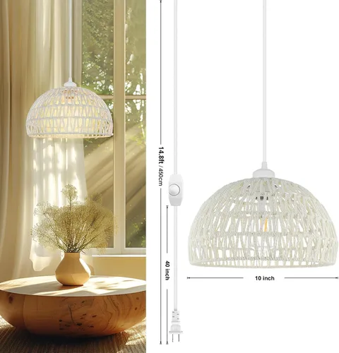 Miniatura 3 de SLYYMY Lámpara colgante enchufable, cable de cuerda de cáñamo de 15 pies, luces colgantes con cable de enchufe, lámpara colgante de ratán, pantalla