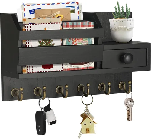 VIS'V Soporte para llaves de pared, organizador de correo y llaves de madera con cajón y estante, 2 ranuras, 6 ganchos, color negro