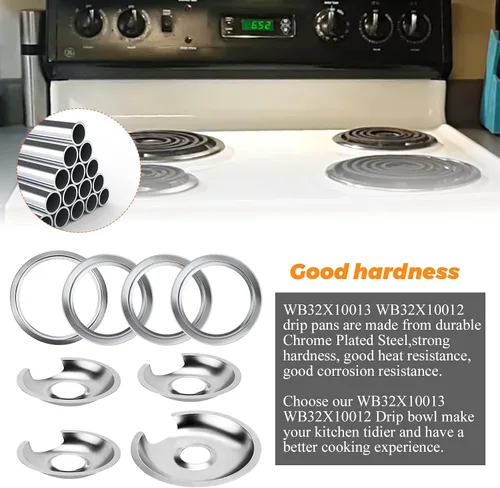 Miniatura 3 de Bandeja de goteo para quemador de estufa eléctrica, 1 sartén grande de 8 pulgadas WB32X10013 y 3 bandejas pequeñas de 6 pulgadas WB32X10012 cromadas