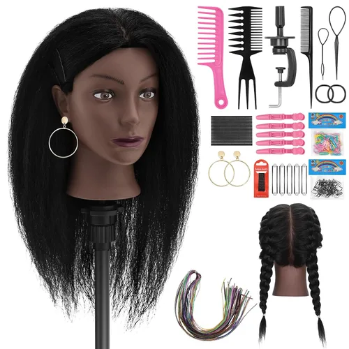 Miniatura 16 de Cabeza de maniquí 100% cabello humano, cabeza de maniquí de 18 pulgadas con cabello humano real, cabeza de muñeca cosmetología para peluquería