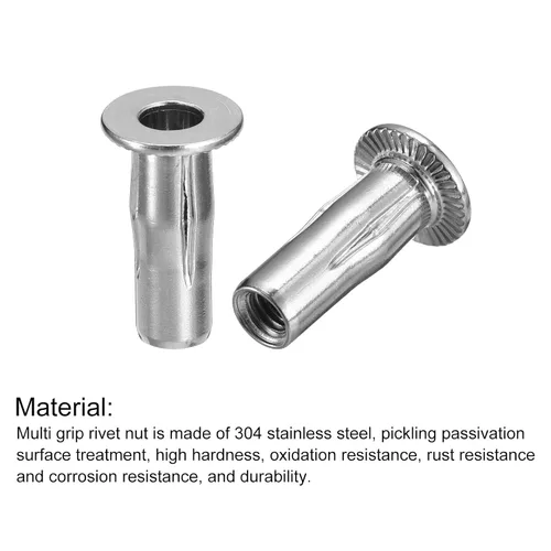 Miniatura 4 de uxcell M6 - Tuercas de remache de agarre múltiple, 2 piezas de vástago preabombado, cabeza plana, tuerca de inserción roscada de acero inoxidable