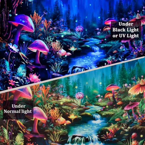 Miniatura 3 de Heopapin Tapiz de luz negra con hongos reactivos a los rayos UV, tapices de fantasía, luz de luna, montaña, bosque, paisaje, misteriosa, selva