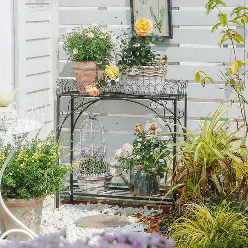 Miniatura 2 de Estante largo negro de doble capa, soporte de metal estilo patio francés para plantas altas en maceta, soporte resistente para macetas interiores