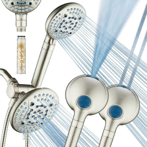 AquaCare High Pressure 6-way Dual Shower Head Combo with Built-in Filter & Power Wash - Clean Tub, Tile & Pets. Remove Chlorine, Lead & Toxins from