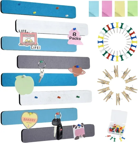 Miniatura 18 de Vuzvuv 8 tiras para tablón de anuncios con 50 chinchetas y 10 clips de madera, tablero de corcho autoadhesivo para pared, tablero de fieltro