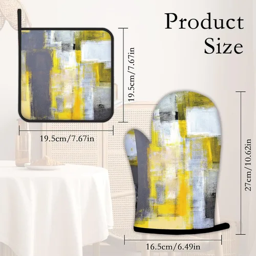 Miniatura 4 de Guantes de cocina de pintura abstracta gris y amarillo, guantes de cocina para cocina, juego de 2 piezas, almohadilla resistente al calor