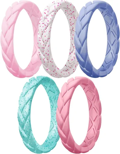 Miniatura 122 de Egnaro Anillos de boda de silicona para ella, conjuntos de novia de goma para mujer, bandas finas, diseño trenzado de hojas apilables con ranuras