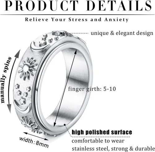 Miniatura 19 de Magitaco Anillos giratorios de acero inoxidable, anillos para ansiedad, anillos de ansiedad para mujeres y hombres